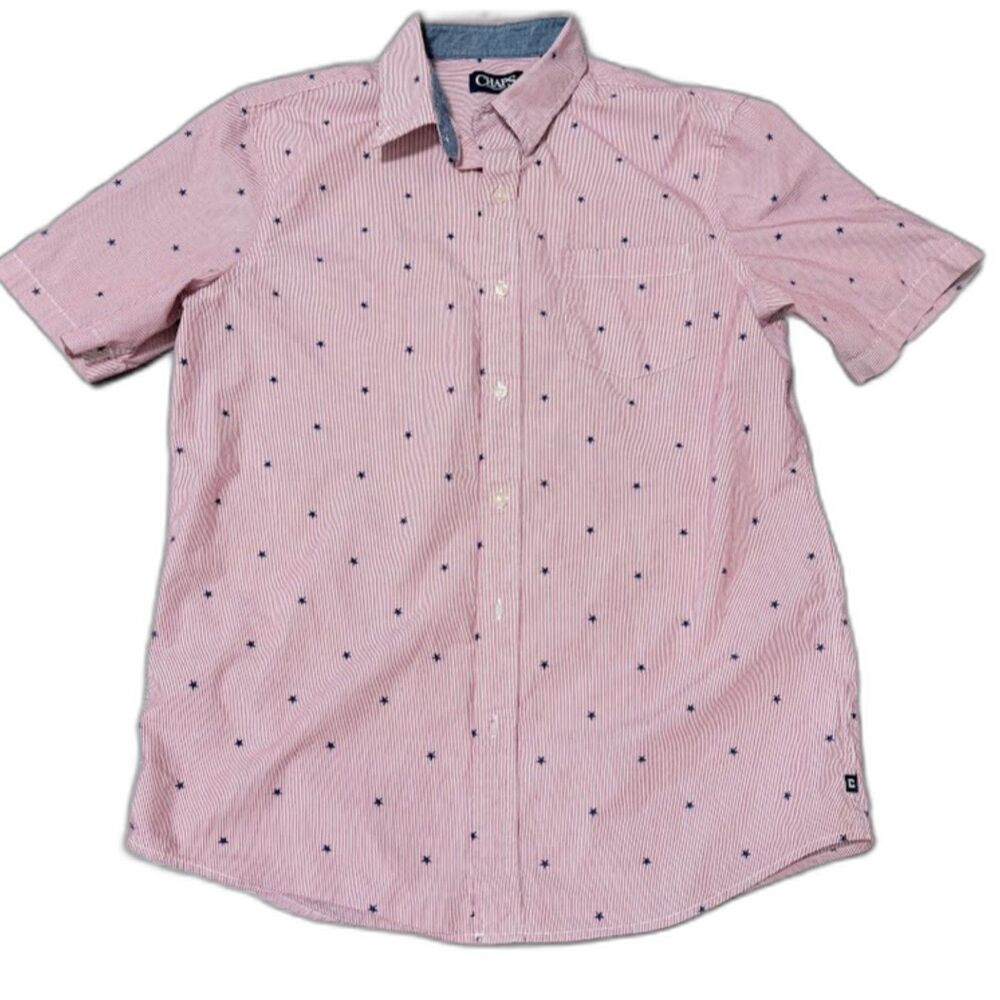 Chaps Shirt Men’s M Red White Pinstripe Blue Star Print Short Sleeve Button Down